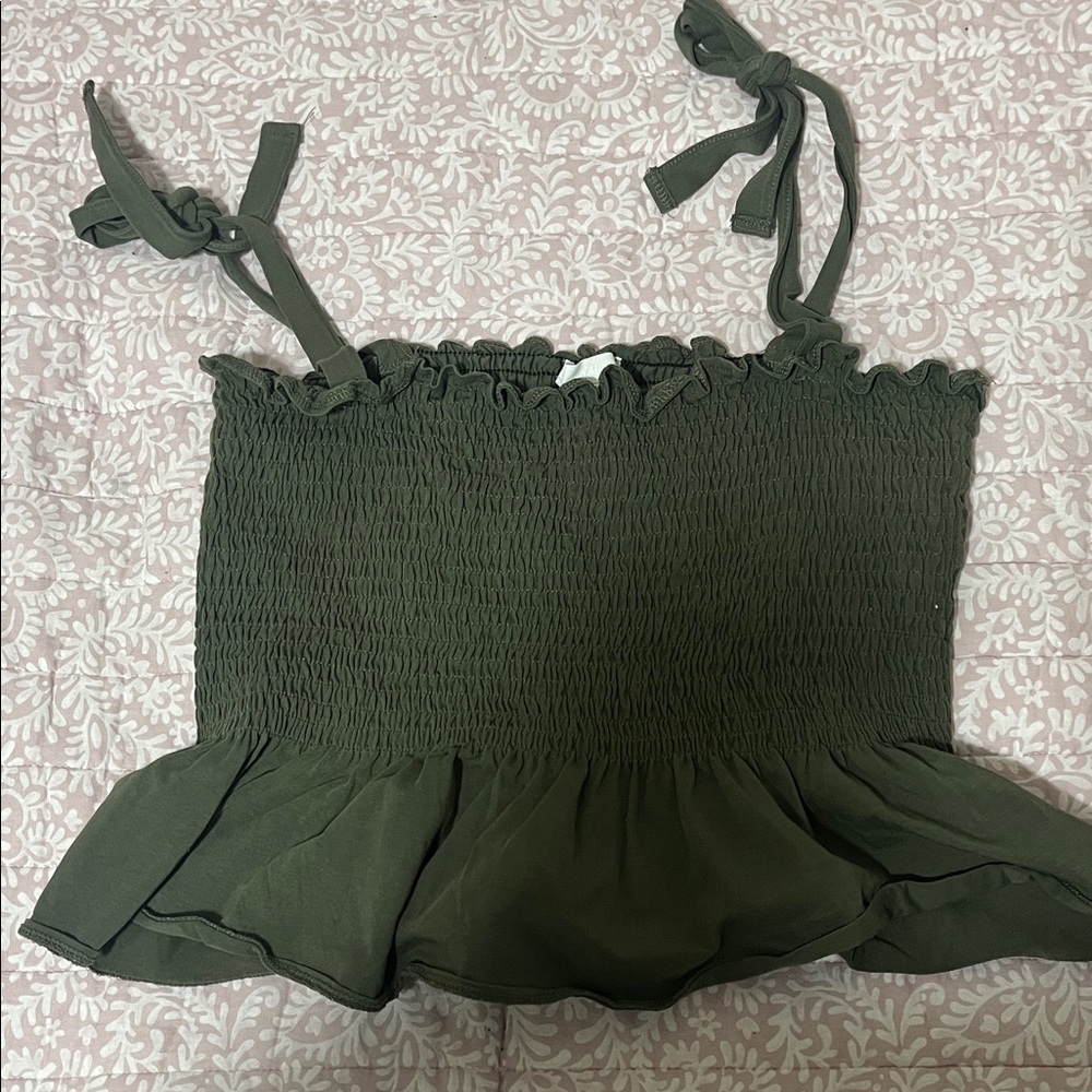 H&M Olive Green Smocked Ruffle Top